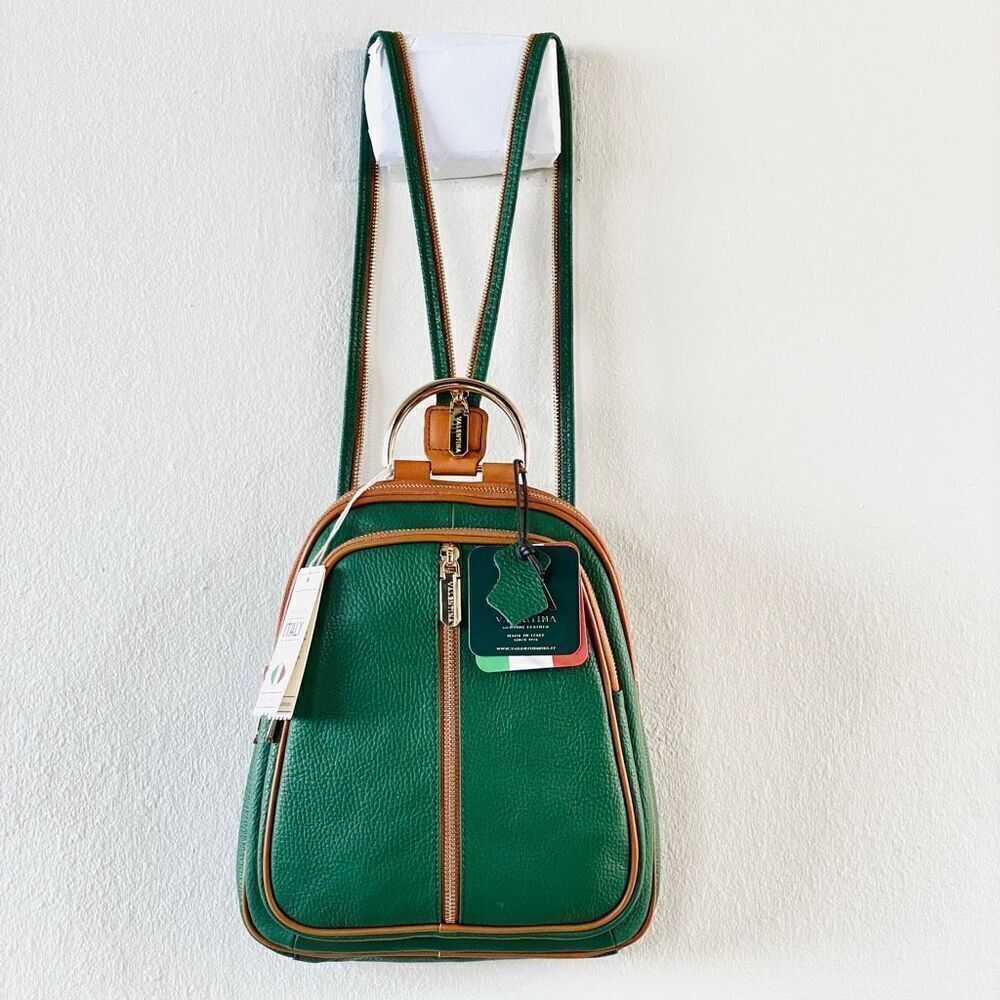 NWT Valentina Green Tan Italian Genuine Leather Convertible Sling Backpack Bag